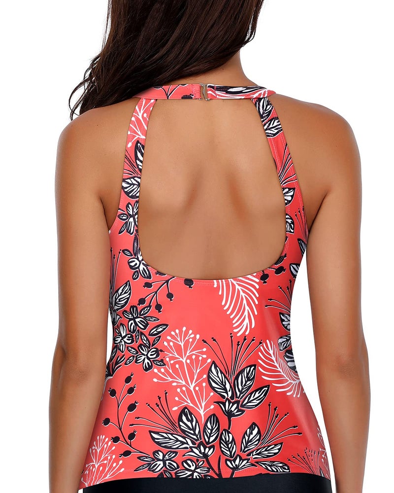 Holipick High Neck Tankini Top Bathing Suit Tops for Women Tummy Control Tank Tops Swimsuits Red Floral L - Image 2